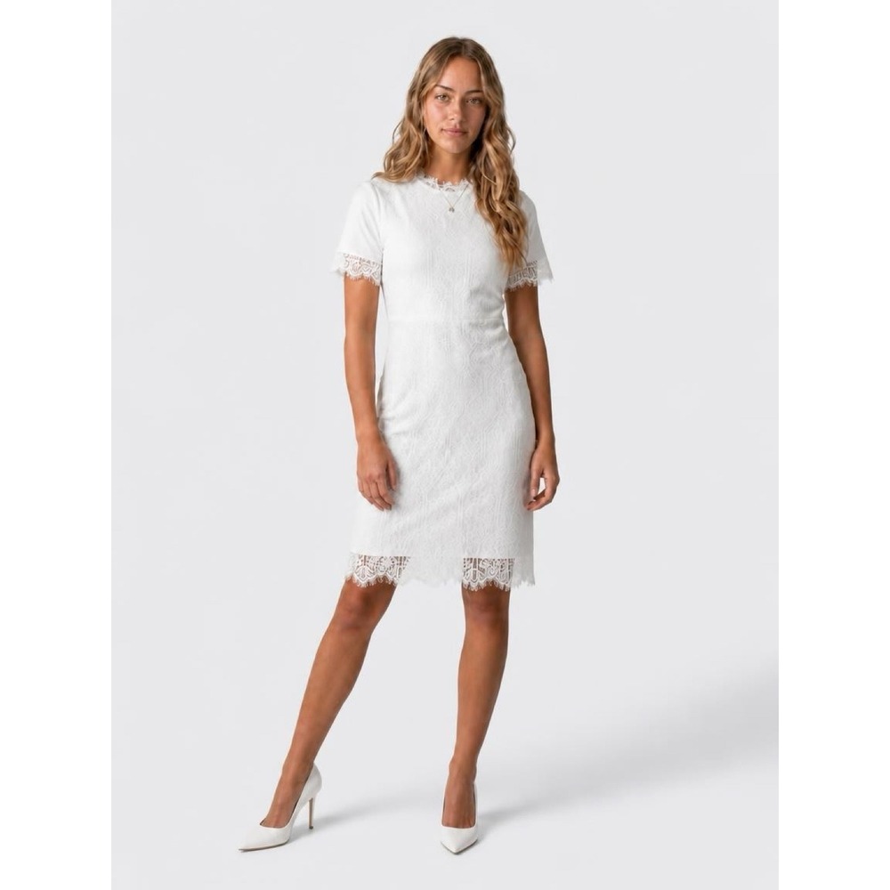 Lulus White Lace Sheath Dress Short Sleeve Eyelash Trim Bridal Graduation Large